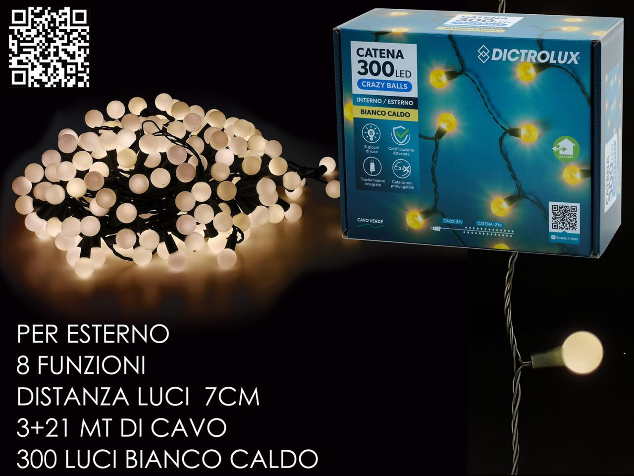 Catena di luci bianco caldo con 300 palline led per uso esterno