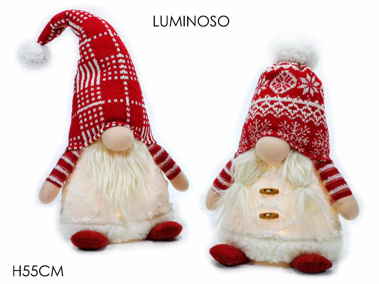 Gnomo bianco e rosso h.55cm con funzionamento a batteria e luce 2 assortimenti
