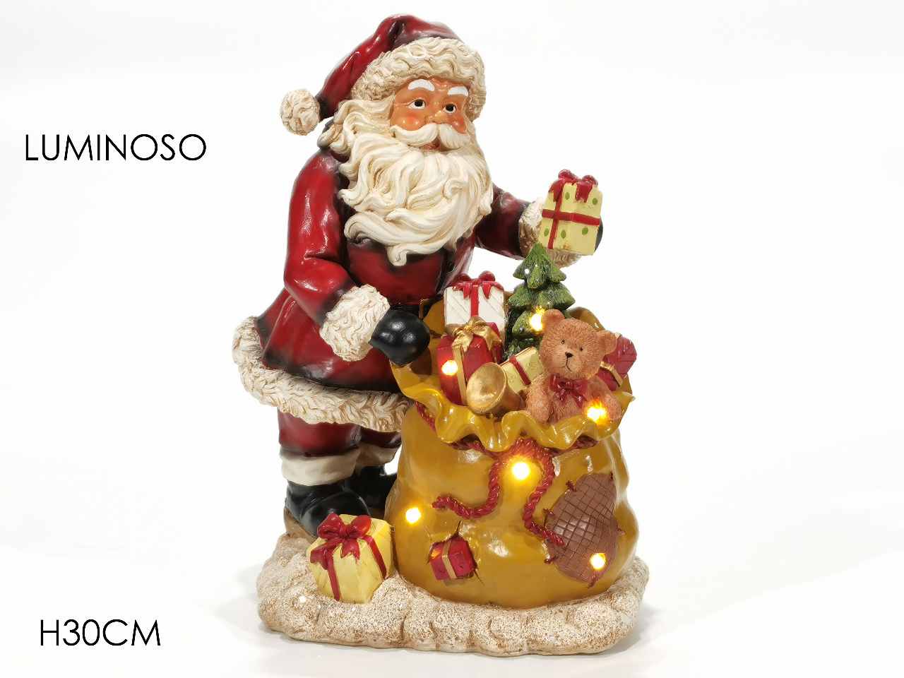 Babbo natale con sacco, funzionamento a batteria e luci
