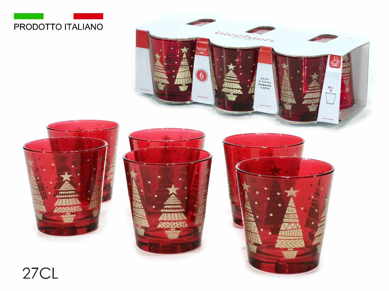 Bicchieri rossi 6 pezzi con decoro oro 27cl assortiti