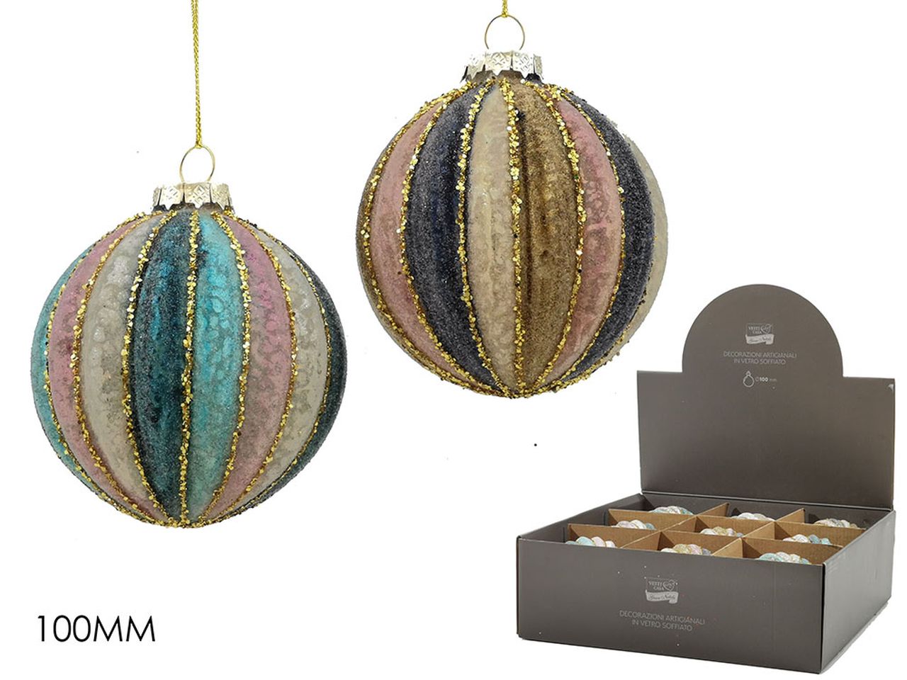 Palla di natale in vetro misura 100mm multicolor in 2 assortimenti
