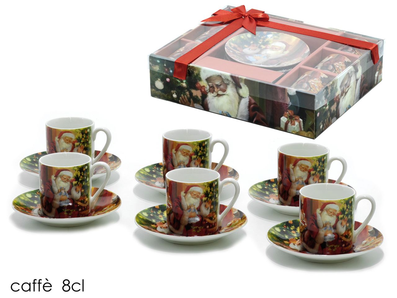 Tazze e piattini da caffe' capacita' 8cl decorazioni babbo natale - la confezione comprende 6 tazzine e 6 piattini