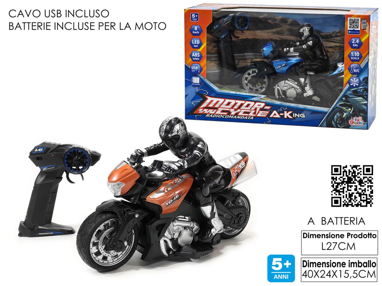 Moto motor-cycle a-king radiocomandata 2.4g 27cm, cavo usb incluso disponibile in 2 assortimenti