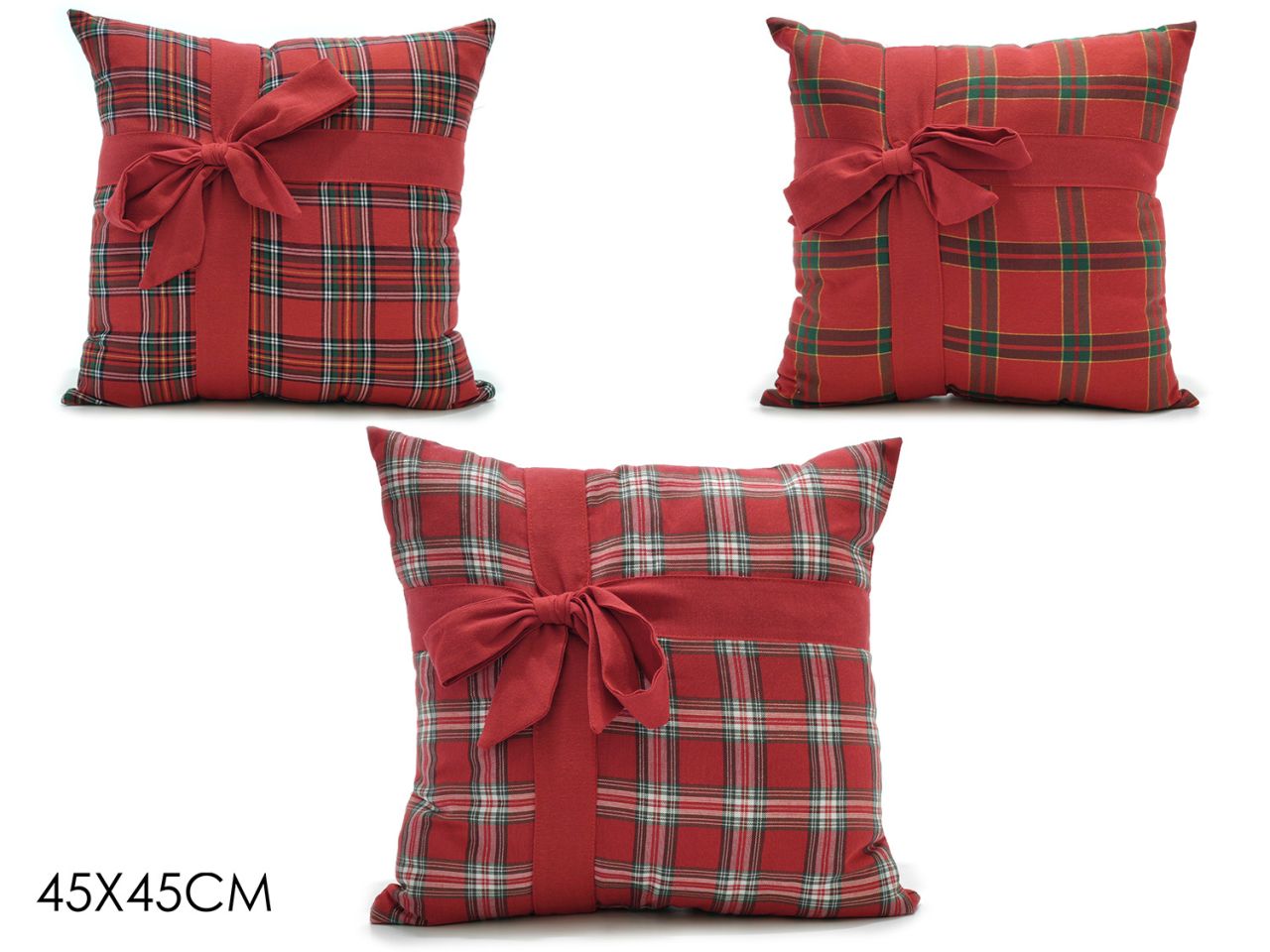 Cuscino misura 45x45cm fantasia scozzese con fiocco in 3 assortimenti