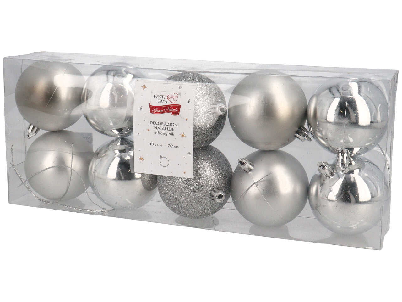 palline infrangibili d.7cm 10 pezzi argento assortite opache, con glitter e lucide