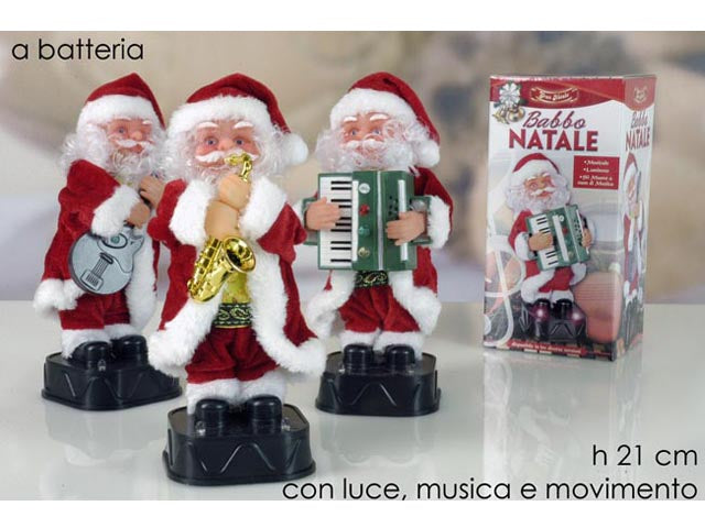 Babbo natale h.21cm con strumento musicale con luci, suoni e movimenti 2 assortimenti
