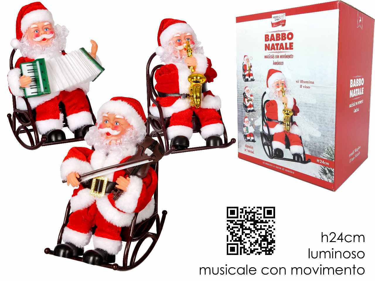 Babbo natale seduto con luci, musica e movimenti , funzionamento a batteria 3 assortimenti