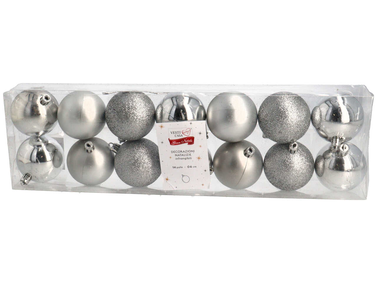 palline infrangibili d.6cm 14 pezzi argento assortite opache, con glitter e lucide