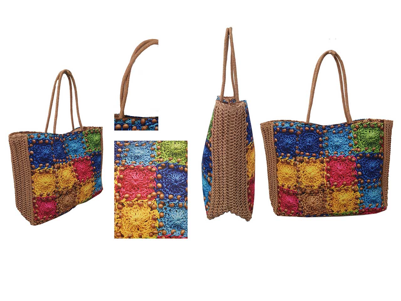 Borsa shopper con intreccio crochet e stampa colorata 62x59x45cm