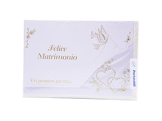 biglietto matrimonio porta soldi bianco con scritte dorate