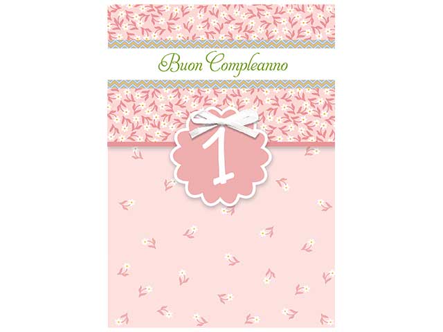 biglietto primo compleanno rosa 12x18 cm