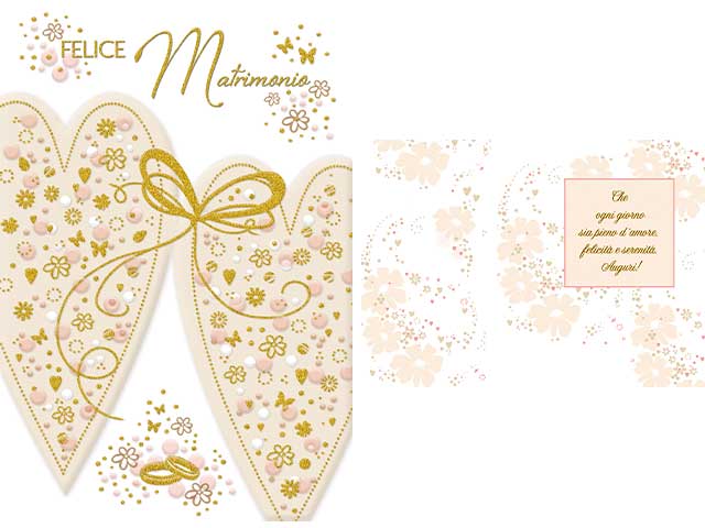 biglietto auguri matrimonio bianco con decori oro-rosa
