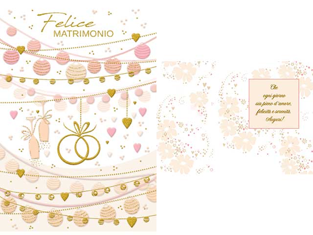 Biglietto matrimonio bianco con decori oro-rosa