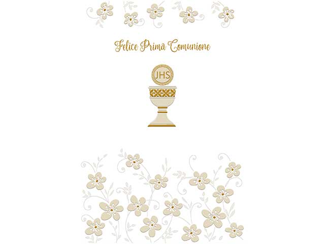 Biglietto prima felice comunione bianco con scritta dorata