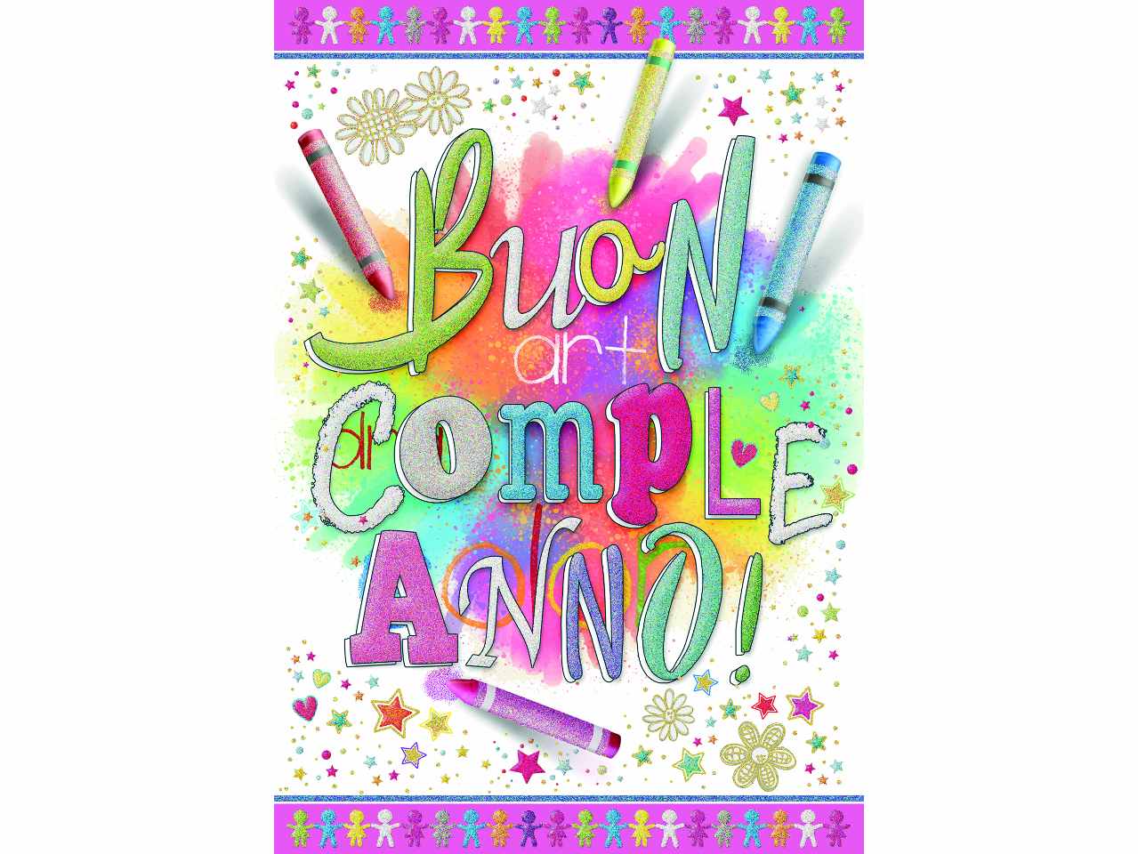 Biglietto buon compleanno con diegni pastelli multicolor
