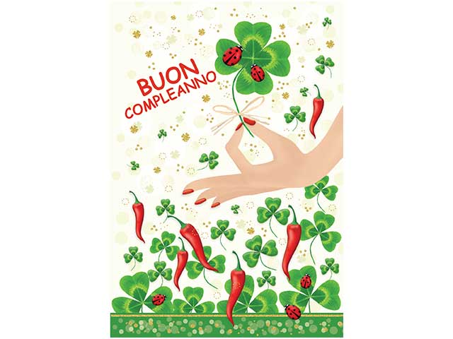 Biglietto di buon compleanno con diegni (Quadrifoglio, Coccinella, Peperoncino) verde 12x18 cm