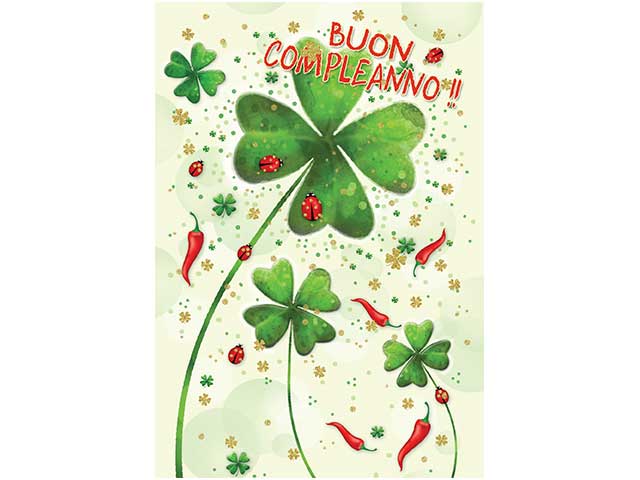 Biglietto auguri compleanno con diegni (Quadrifoglio, Coccinella, Peperoncino) verde 12x18 cm