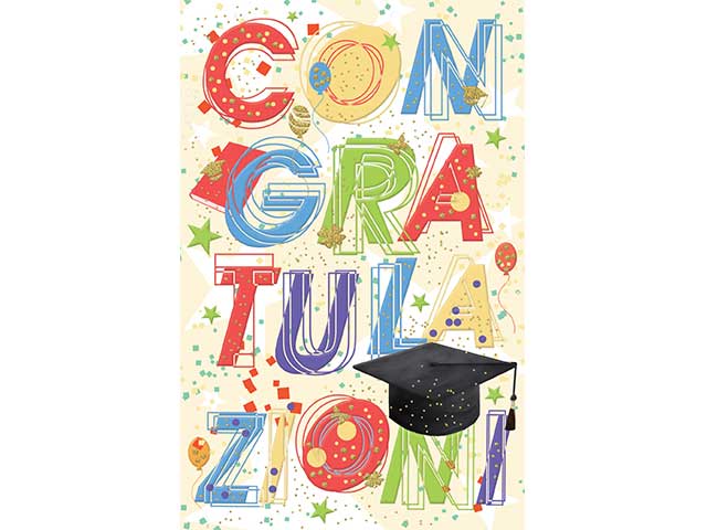 Biglietto di laurea con scritte in rilievo multicolor 12x18 cm
