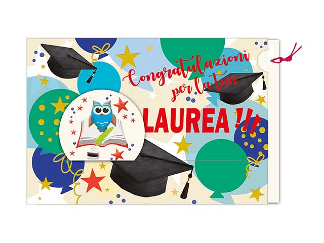 Biglietto laurea con disegni tocco-gufo porta soldi multicolor