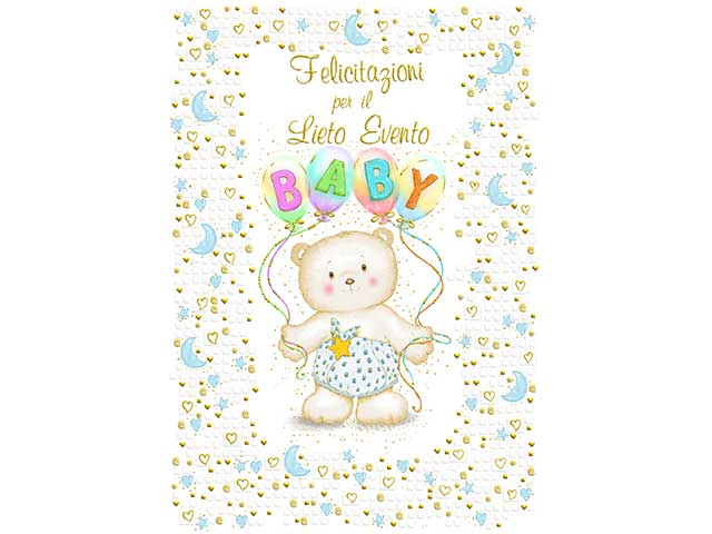 Biglietto auguri nascita lieto evento con stampa orso azzurro 12x18 cm