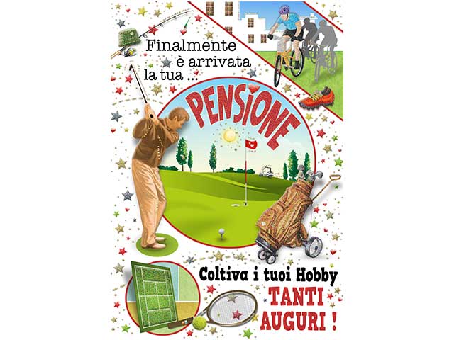 Biglietto pensione auguri a tema sport multicolor 12x18 cm