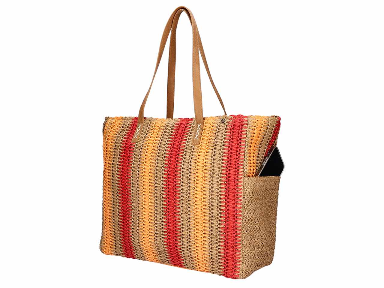 Borsa in carta paglia a righe con tasche laterali colore arancione 37x40x15cm