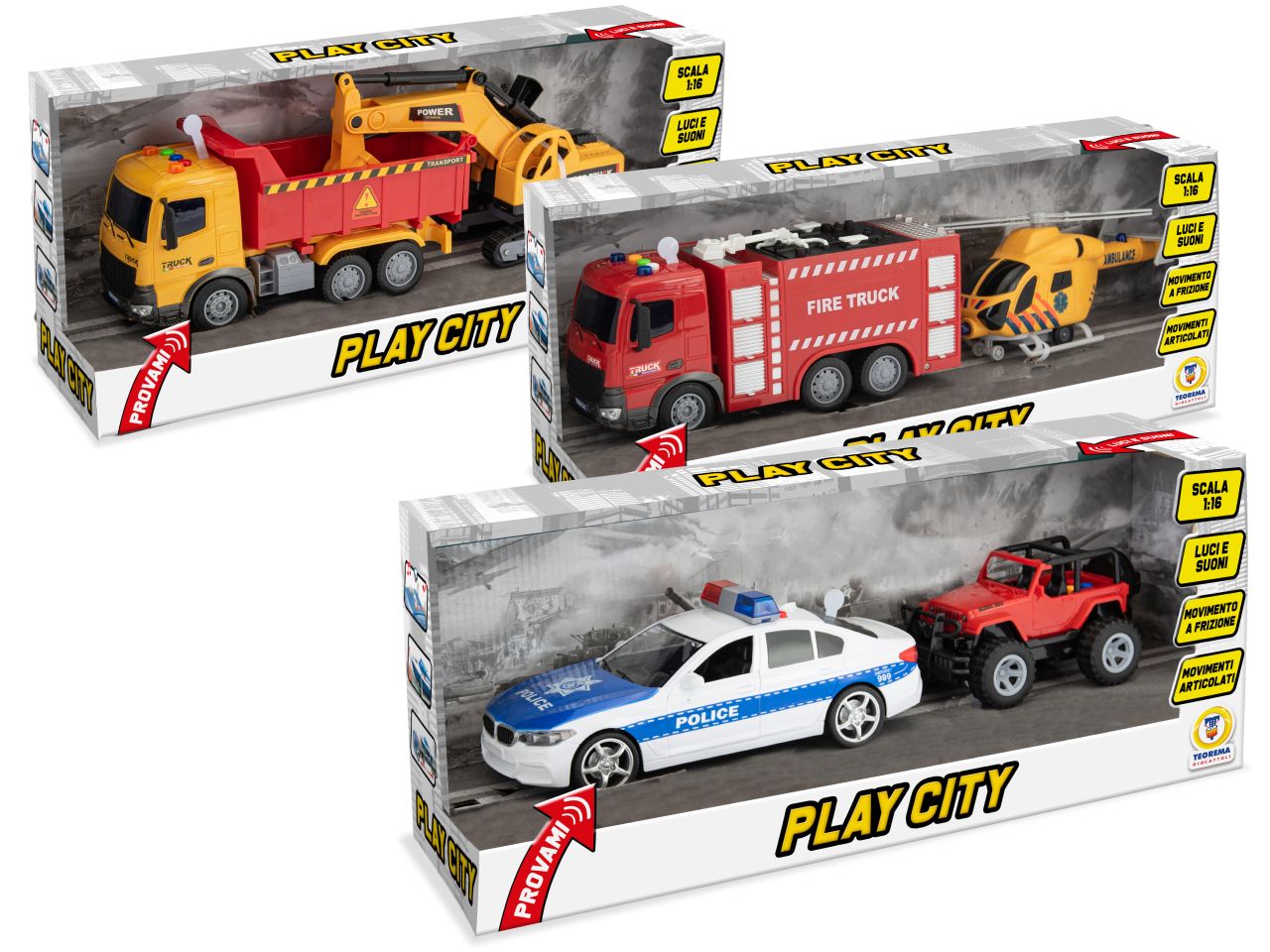 Play city - mezzi pesanti luci e suoni scala 1:16 e 1:32 in modelli assortiti