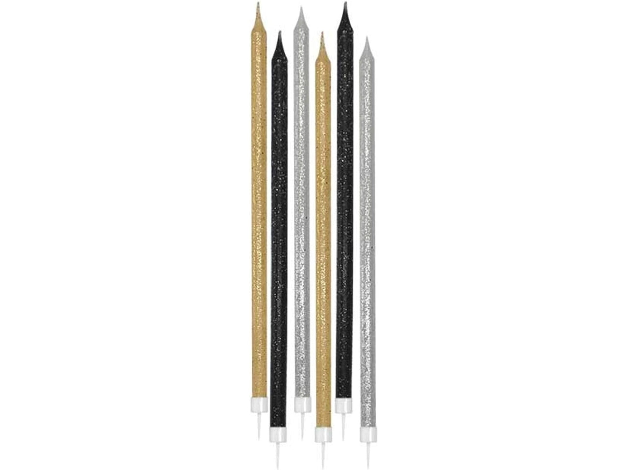 Candeline a matita prestige 15cm con supporto - la confezione contiene 12 candeline nei colori oro, nero e argento