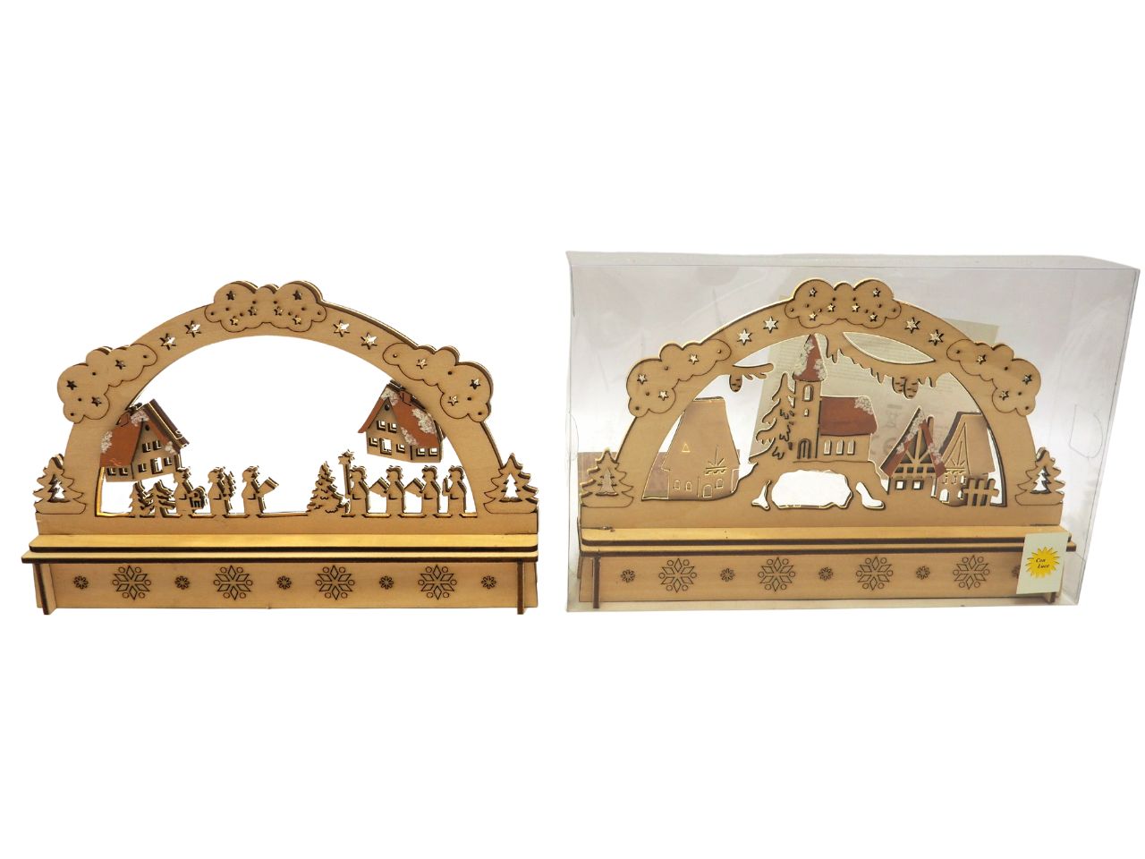Paesaggio natalizio con arco in legno misura h.15x22x4cm con plexiglass e 12 luci in 2 assortimenti
