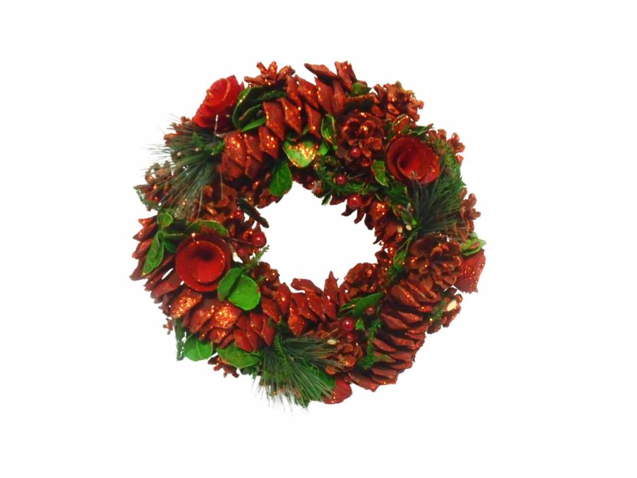 Corona verde c/pigne,fiori,bacche rosse glitterate ii mis. d.30cm