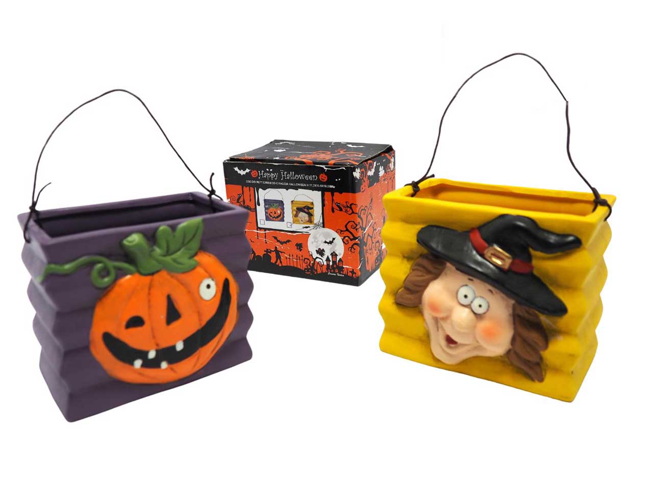 Contenitore rettangolare con manico e faccia halloween 11,3x13,5x10,5cm  modelli assortiti