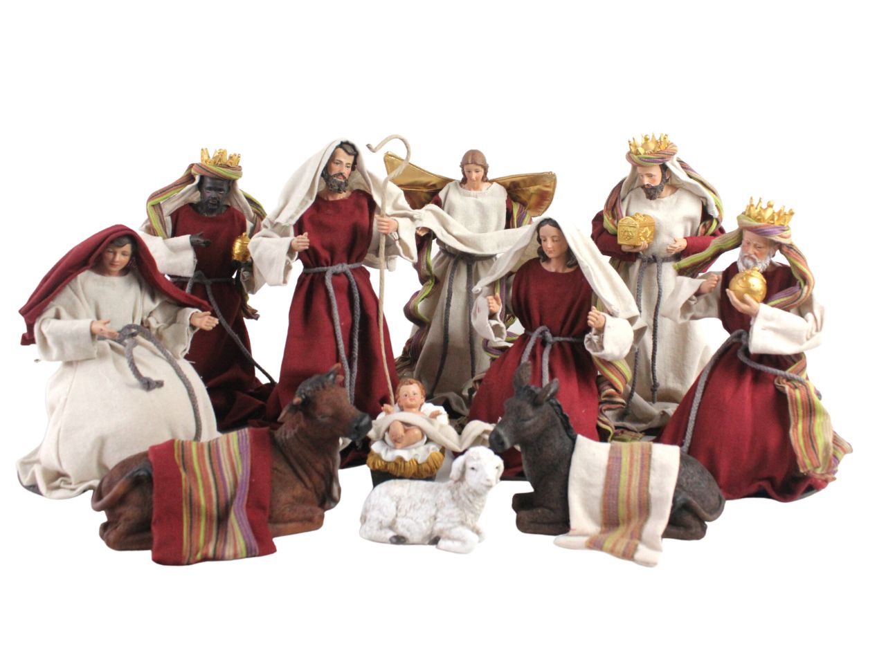 Nativita' presepe con veste in tessuto colore bordeaux - il set comprende 11 soggetti