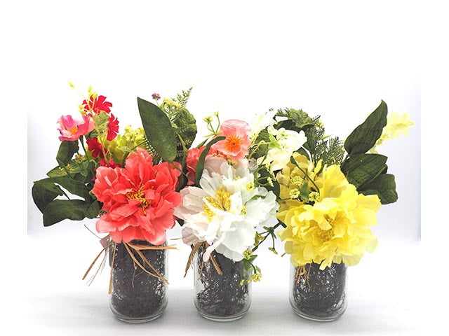 mazzo fiori su vaso vetro con radici finte h.30x30cm