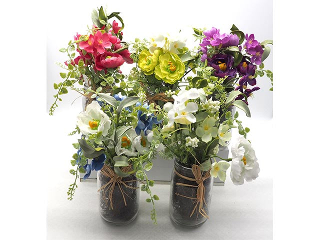 mazzo fiori su vaso in vetro con radici finte h.25x25cm
