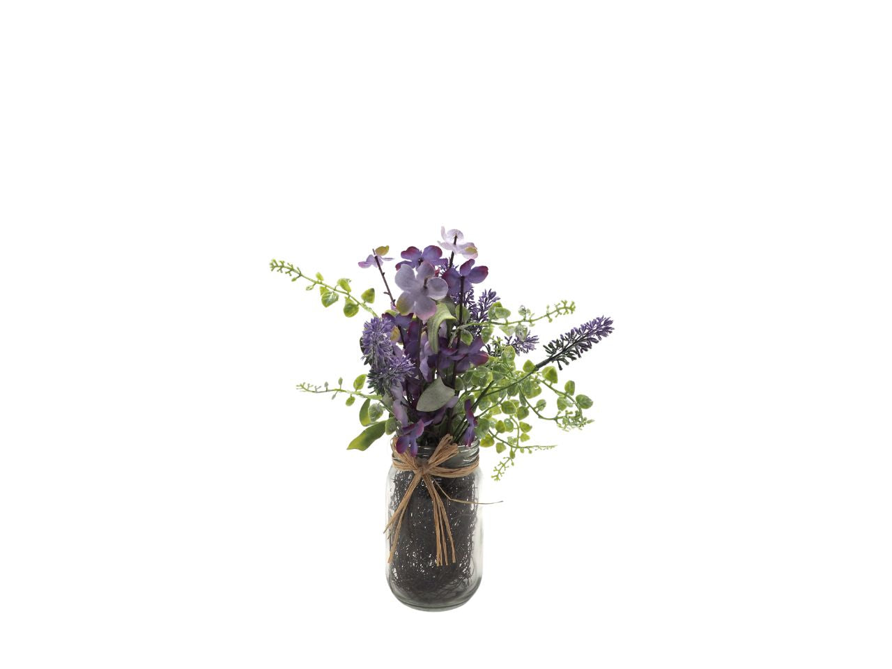mazzo fiori con lavanda su vaso in vetro e radici finte h.30x25cm