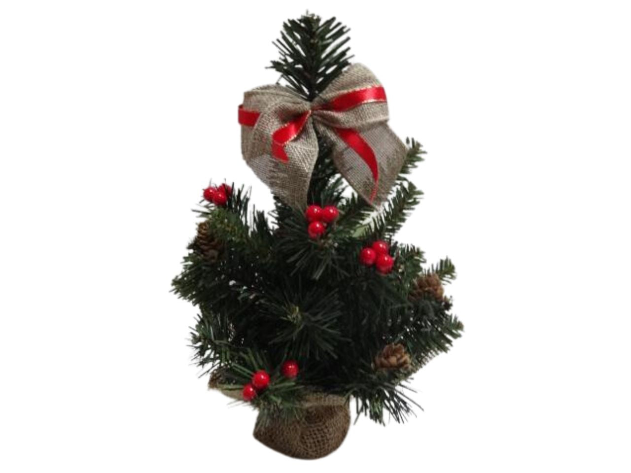 Albero di natale misura h.30cm base in juta con fiocco in juta, bacche rosse e pigne