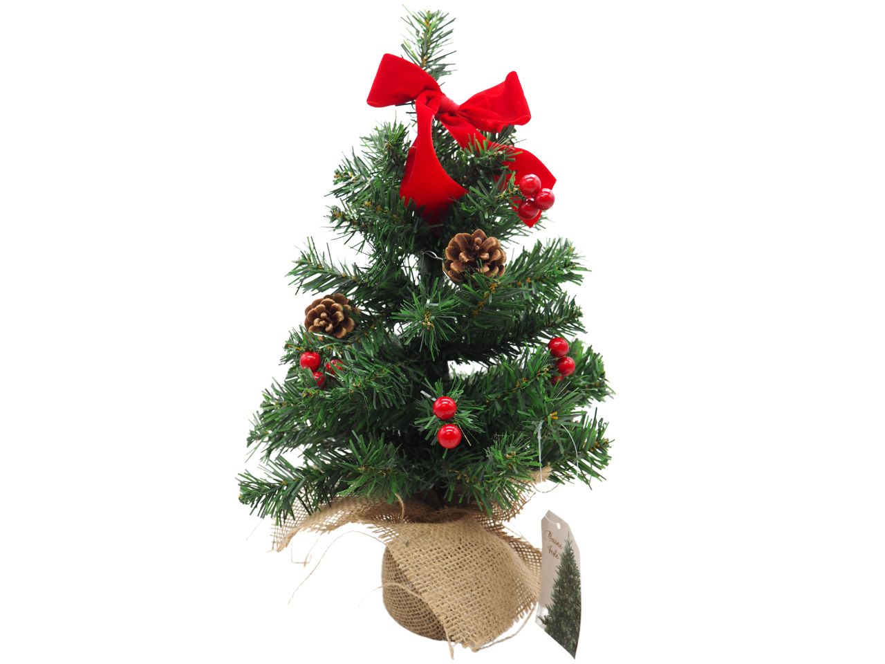 Albero di natale misura h.60cm base in juta con fiocco in juta, bacche rosse e pigne