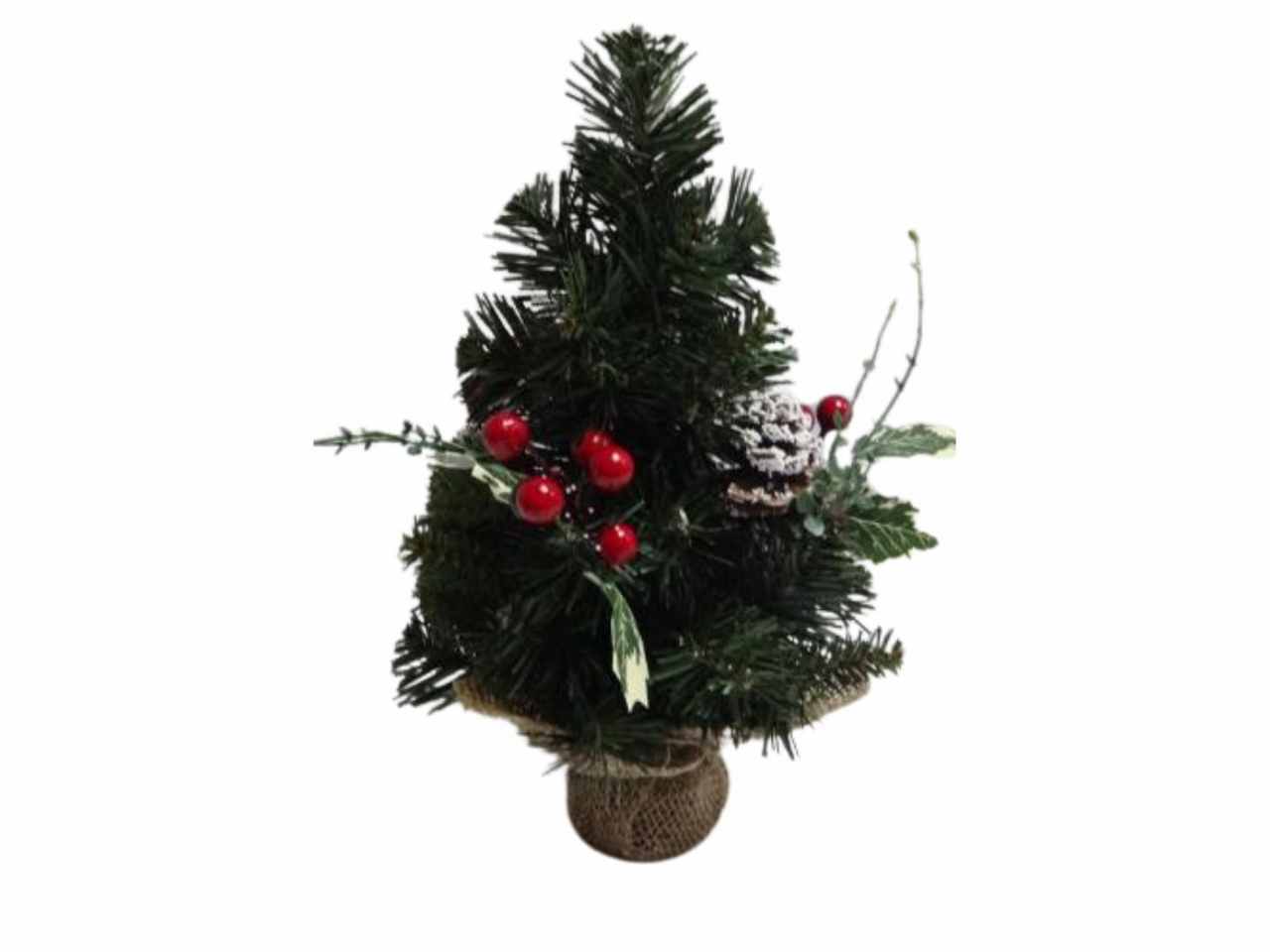 Albero natale 30cm b.juta c/bacche rosse+pigne nevate i mis.