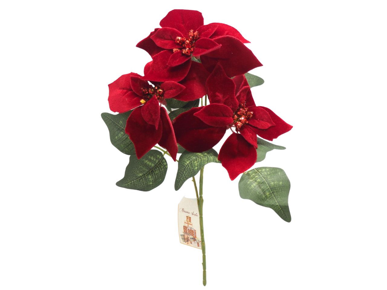 Stelle di natale in velluto con foglie misura l.36cm - la confezione comprende 3 stelle di natale