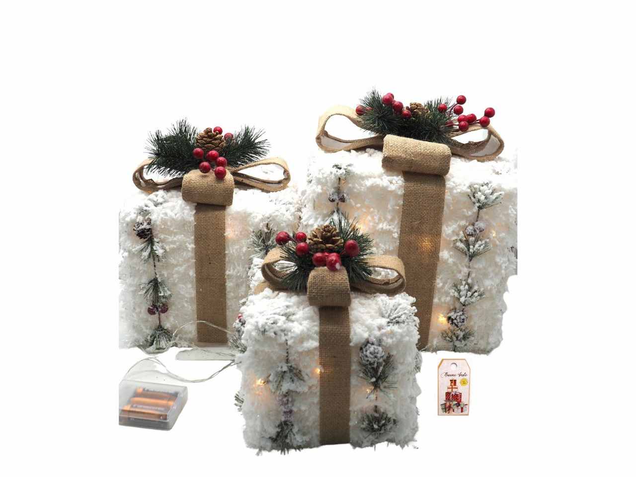 Set 3 pacco regalo tinsel bianco 15x15/20x20/25x25 cm c/35 led