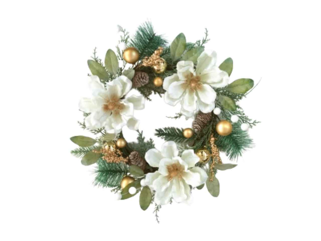 Corona diametro 45cm con fiori con pigne bianca