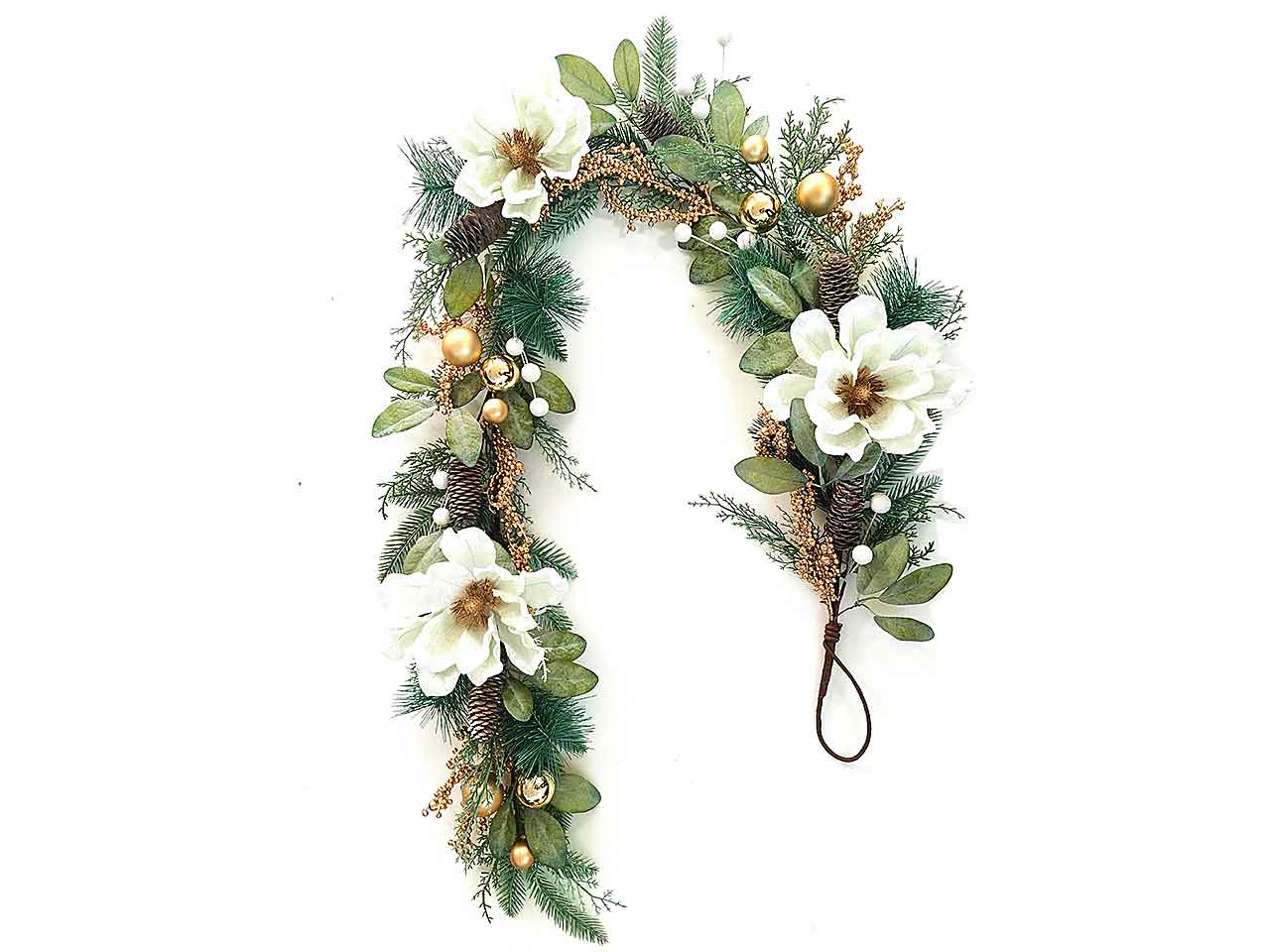 Ghirlanda 100cm con fiori con pigne bianche