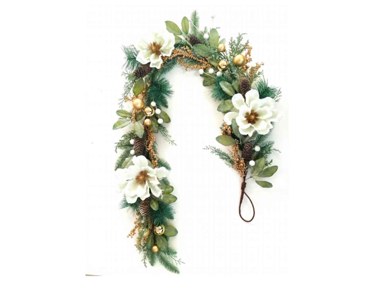 Ghirlanda 160cm con fiori con pigne bianche