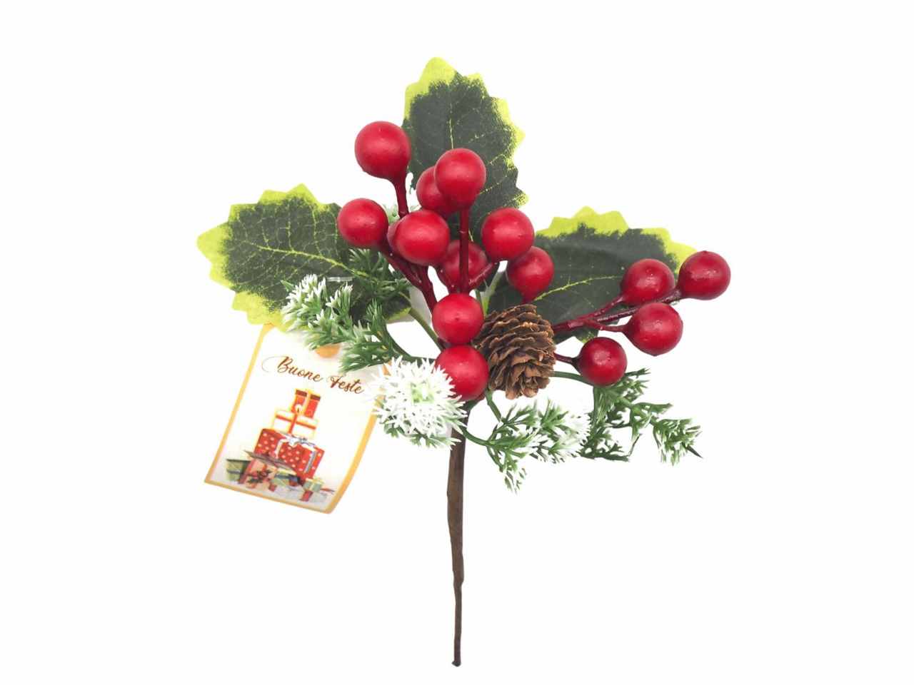 Pick c/pigna e bacche 19x11 cm rosso-bianco