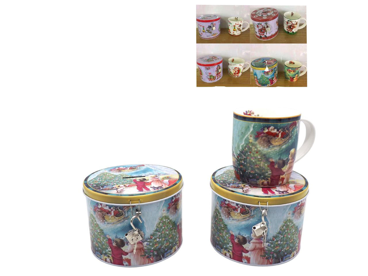 Scatola in latta rotonda con tazza misura h.10xd.8.5cm figure natalizie assortite