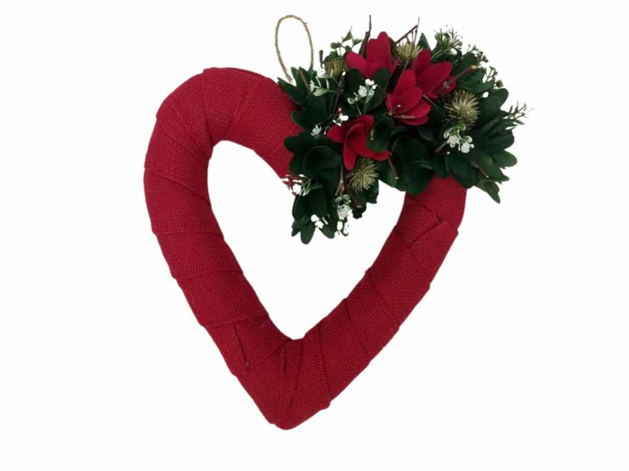 Corona cuore juta fiori legno  32cx32cm