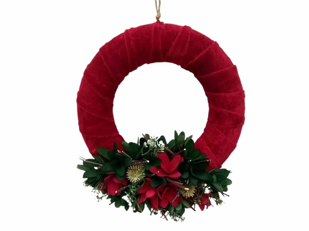 Corona velluto rosso fiori legno diam. 32cm