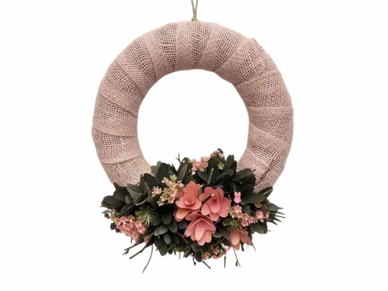 Corona juta rosa fiori legno diam. 32cm