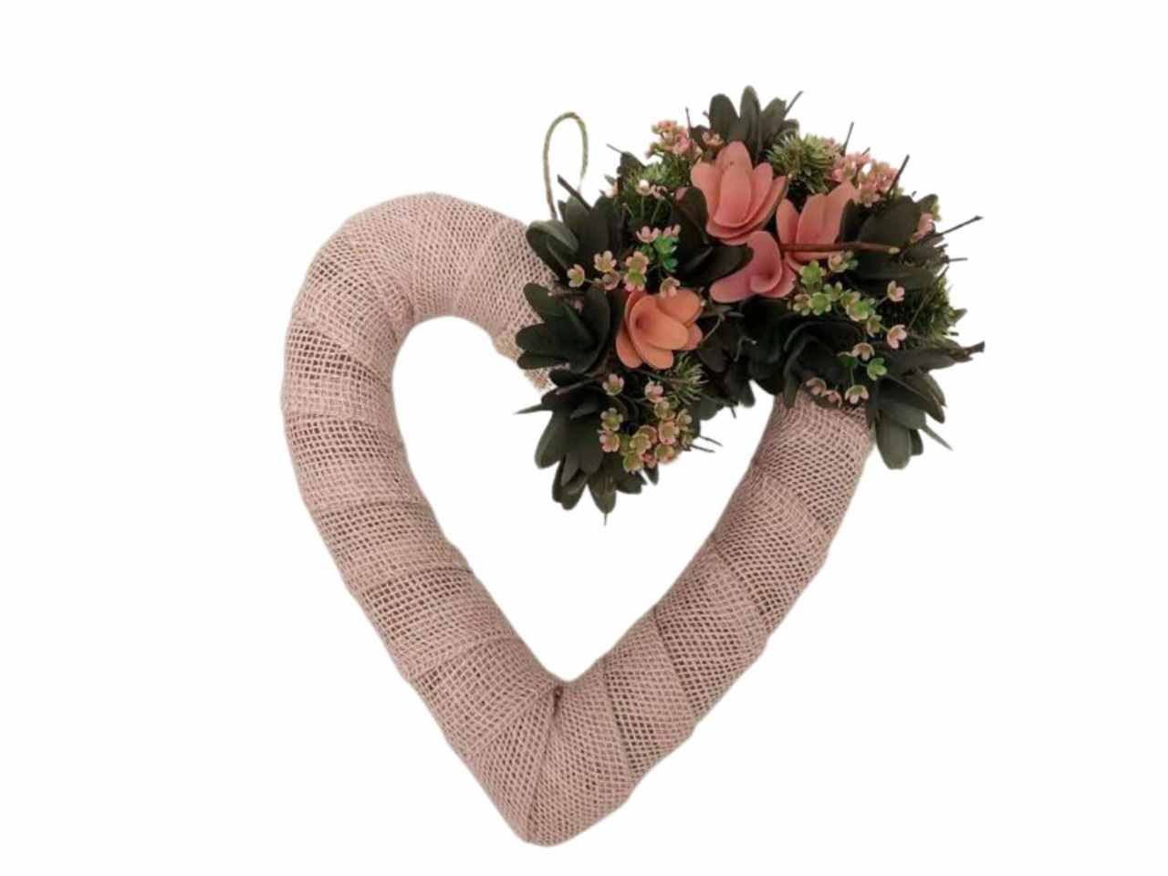 Corona cuore juta rosa fiori legno diam. 32cm