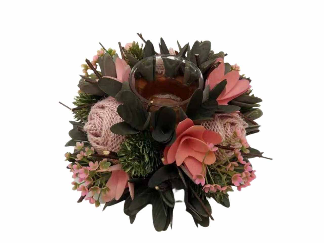 P.candela 1 posto vetro juta rosa-pigne-fiori. diam 20 x h 9